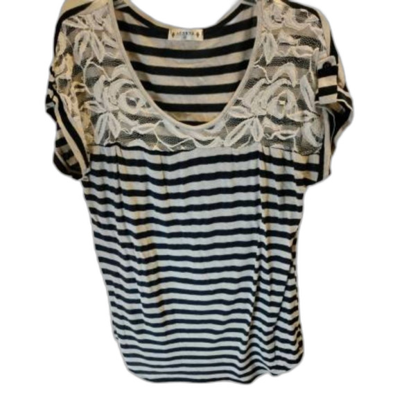 Agenda Tops - Agenda Striped Blouse Lace Overlay Top Blue Beige Women’s Size XL Casual Shirt